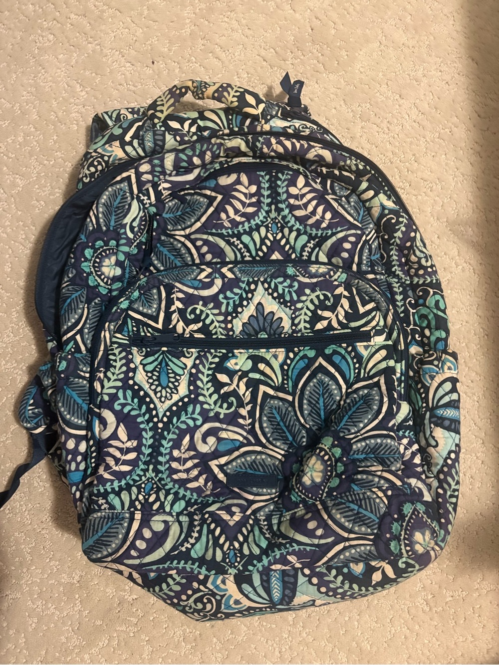 Vera Bradley Navy, Teal, and White Quilted Floral Backpack